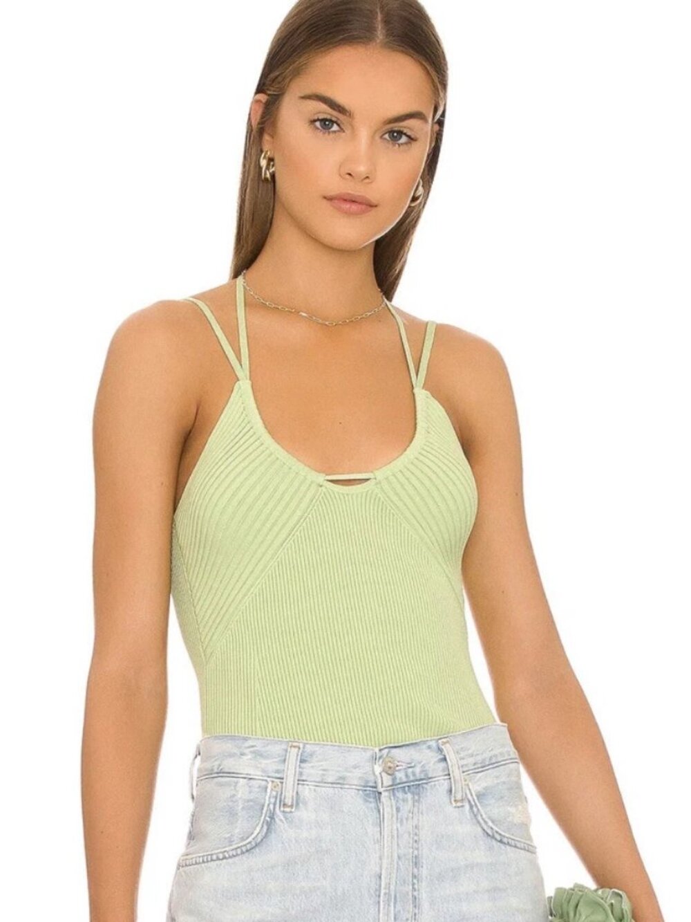 Jonathan Simkhai Hartley Compact Sage Green Ribbed Crossback Top Size L WORN ONC